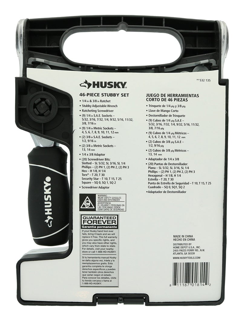 Husky Stubby 46 Piece Ratchet and Wrench Set w/ Drive Sockets, Screwdriving Bits, and Onboard Storage - Image 2